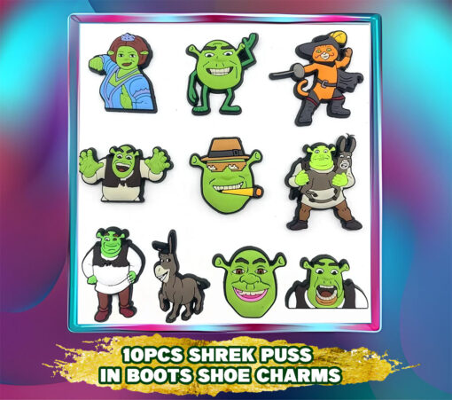 10Pcs Shrek Puss in Boots Shoe Charms: PVC Decorations for Kids' Sandals